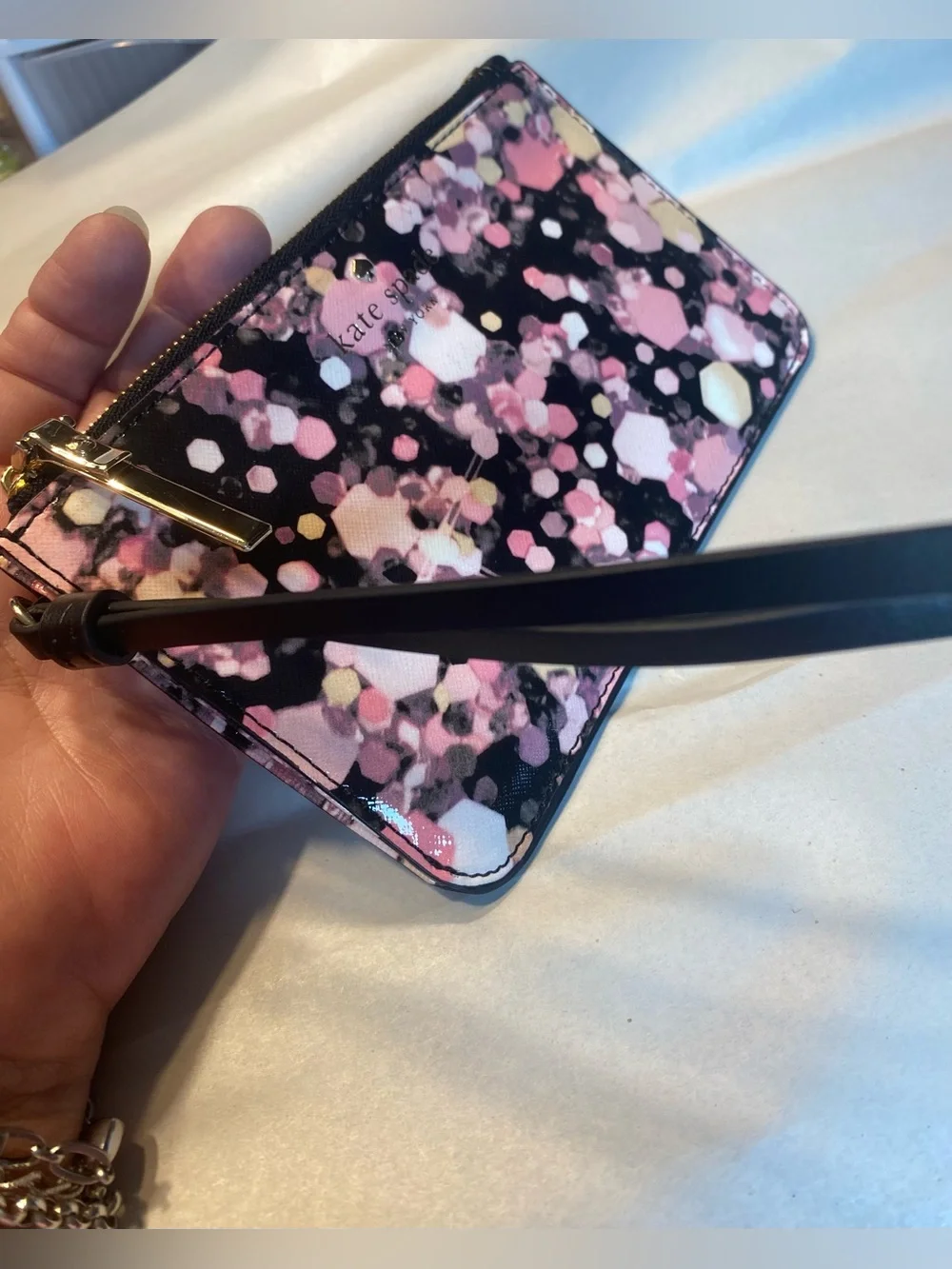 Kate Spade Grant Lane Slim Bee Wristlet Wallet Pink Confetti Glitter Card Holder